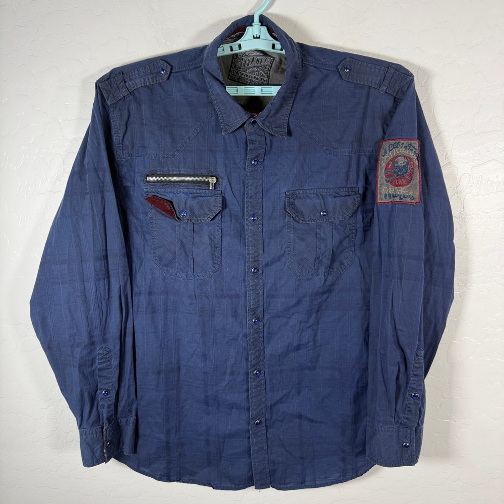 Affliction Shirt Mens 3XL Blue Pearl Snap Embroidered Skull American Customs Y2K